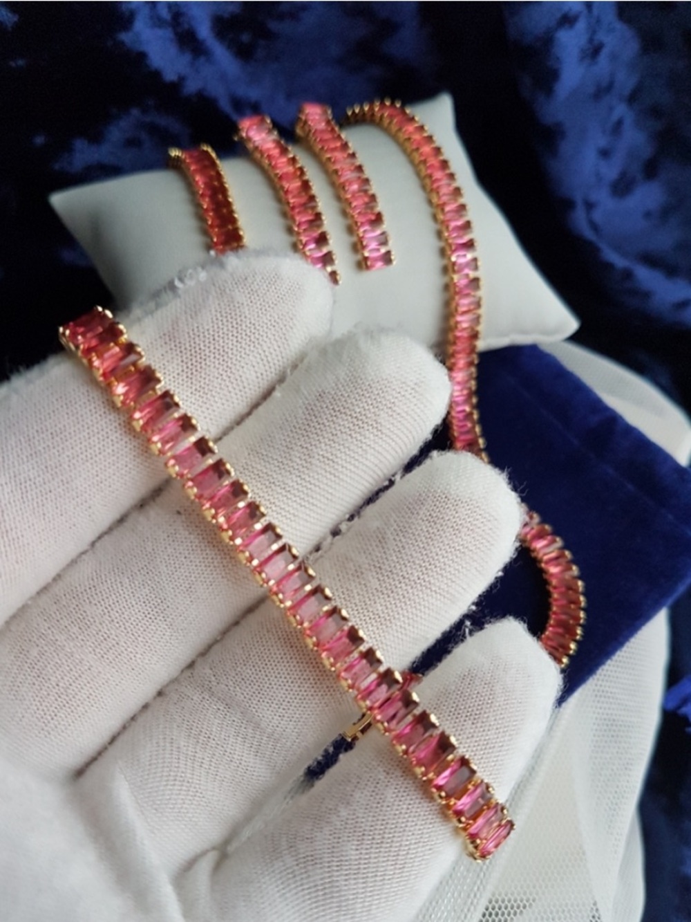 Swarovski Elements Gold Dark Pink Emerald-cut Baguette Tennis Bracelet NEW - Picture 4 of 9